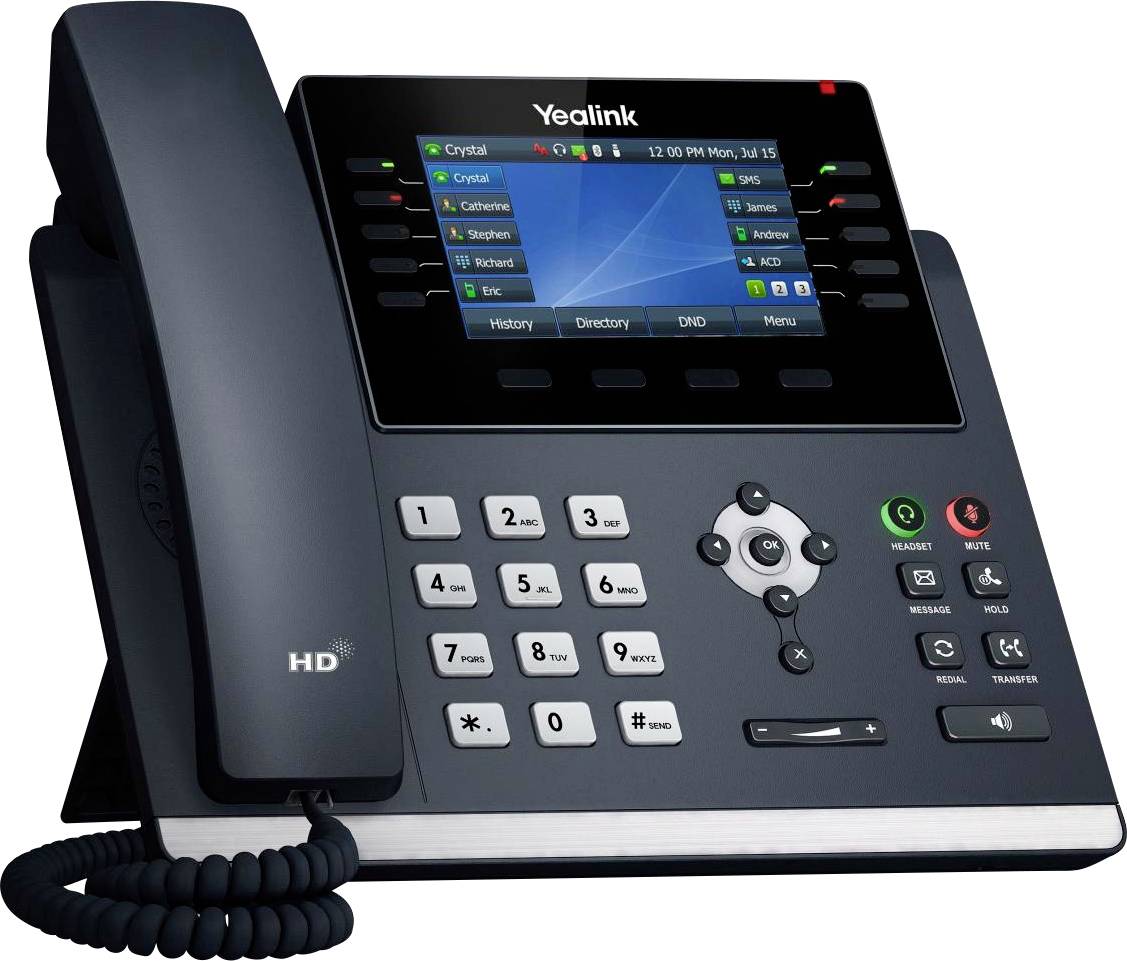 Yealink-Bürotischtelefon mit digitalem Display, das mehrere Kontaktoptionen anzeigt, Tastenfeld und Funktionstasten zur Anrufverwaltung.