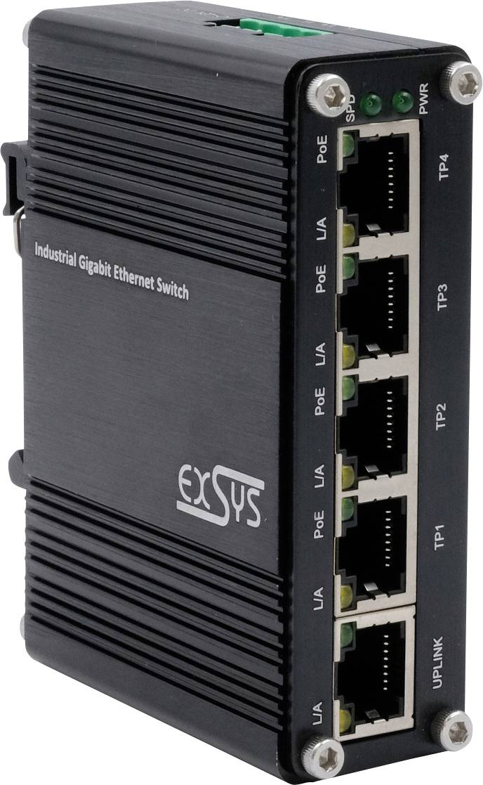 'Industrieller Gigabit-Ethernet-Switch' mit fünf Anschlüssen mit den Bezeichnungen TP1 bis TP4 und Uplink, mit Stromanzeigen und robustem Metallgehäuse.