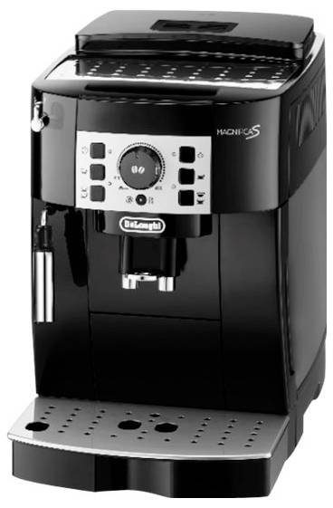 Schwarze DeLonghi Magnifica S Espressomaschine mit Bedienfeld, Dampflanze und Tropfschale.