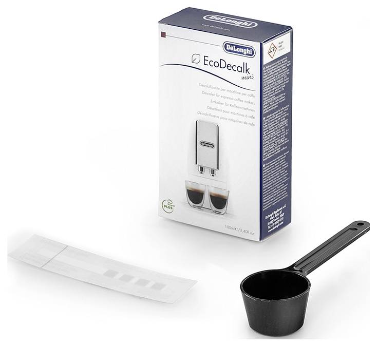 'De'Longhi EcoDecalk' Entkalkngsösung in einer Schachtel mit einem Kunststofflöffel und einem Wasserhärte-Teststreifen, verwendet für die Wartung von Kaffeemaschinen.