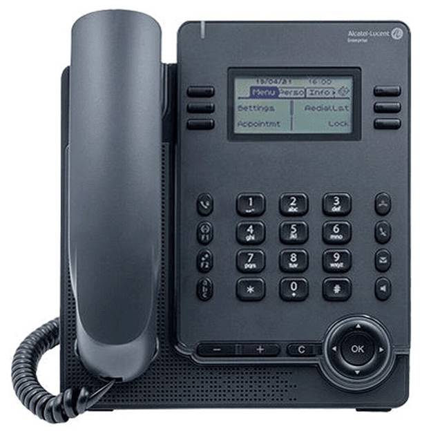 Ein schwarzes Schreibtischtelefon mit digitalem Display, das Optionen wie 
