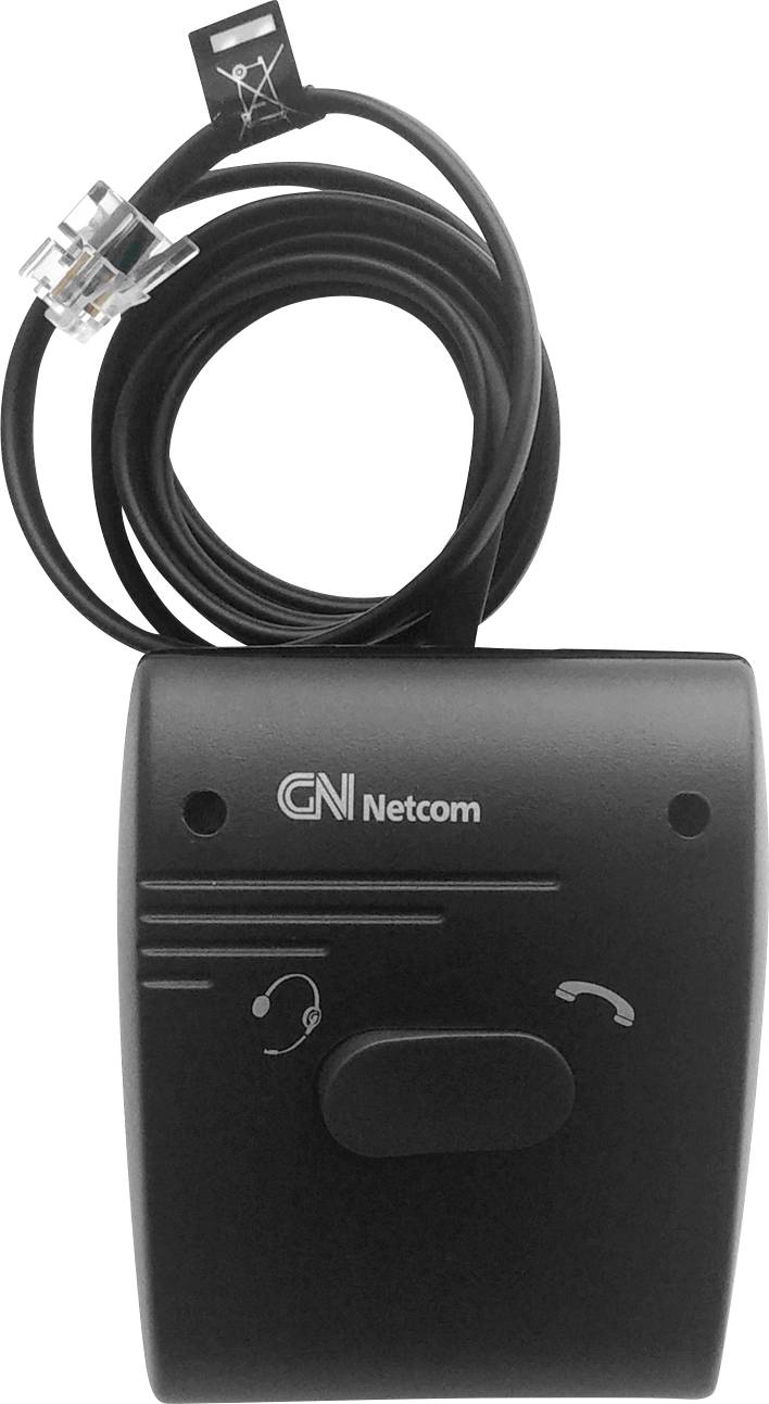 'GN Netcom' Headset-Adapter mit angebrachtem Kabel und Anschlüssen, entwickelt zur Verwendung mit Telekommunikationsgeräten.