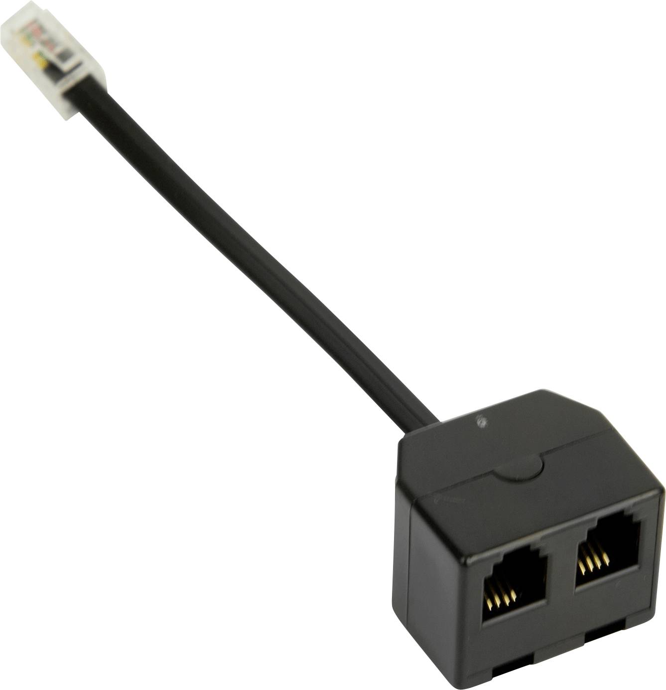 Ein schwarzer Telefonverteiler mit einem männlichen RJ11-Stecker auf der einen Seite und zwei weiblichen RJ11-Anschlüssen auf der anderen Seite, der zum Anschließen mehrerer Geräte verwendet wird.