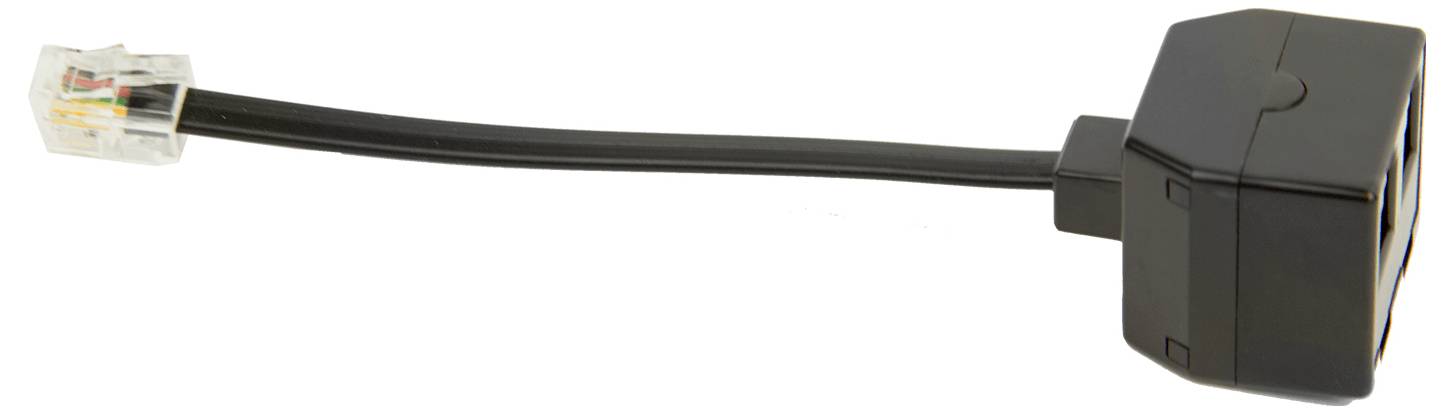 Ein schwarzer Telefonleitungsteiler mit einem Stecker und zwei Ausgangsanschlüssen.