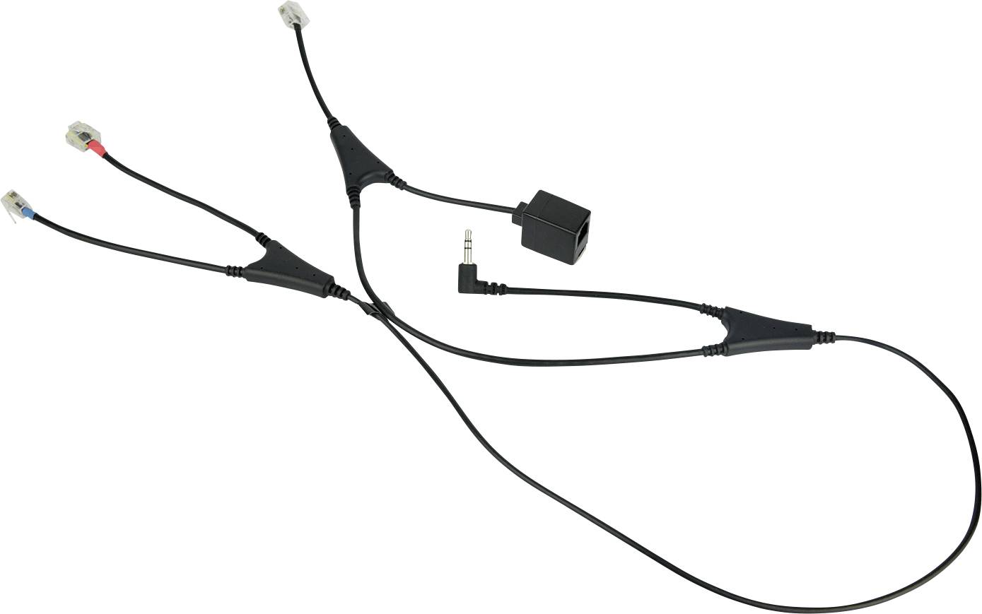 Ein schwarzes Audiokabel-Splitter mit mehreren Anschlüssen, einschließlich drei Steckverbindungen und einer Audiobuchse, wird zum Verbinden mehrerer Audiogeräte verwendet.