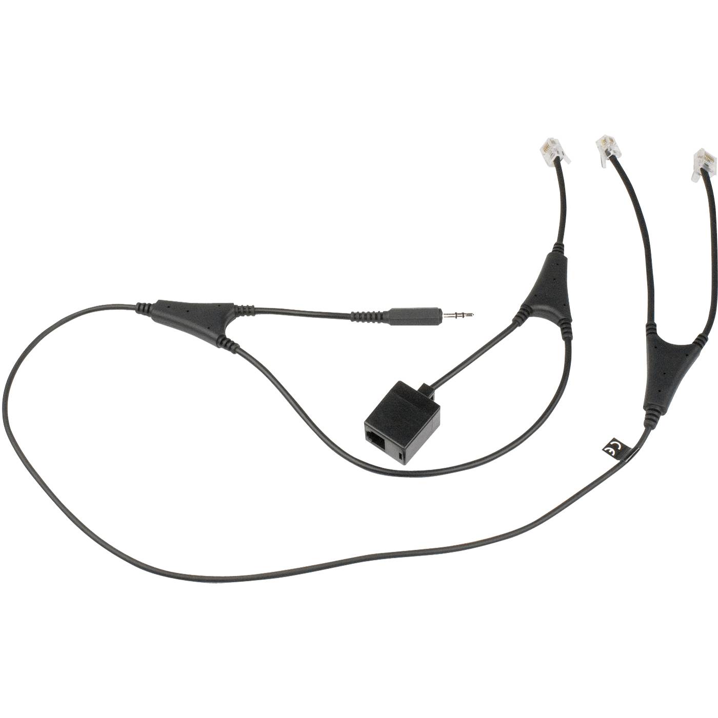 Audiokabel-Splitter mit 3,5-mm-Stecker, Inline-Verbinder und drei Telefonstecker-Buchsen auf weißem Hintergrund.