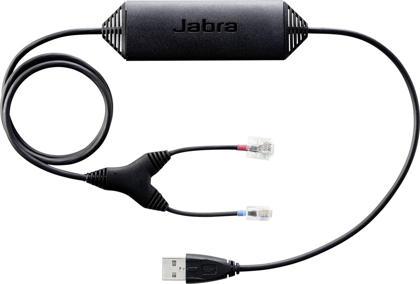 Jabra USB-Adapter mit RJ9-, RJ10-Anschlüssen zur Telefonintegration.