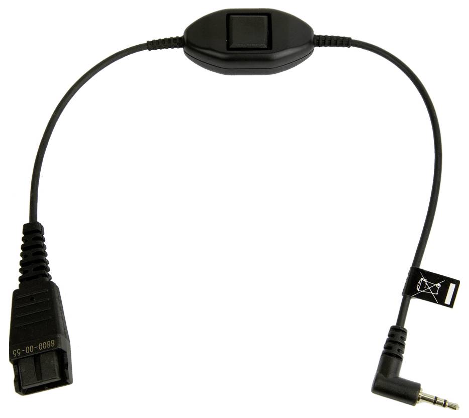 Ein schwarzes aufgerolltes Kabel mit einer Lautstärkeregelungstaste verbindet ein Telefon und ein Headset und zeigt die Kompatibilität für Audiogeräte.