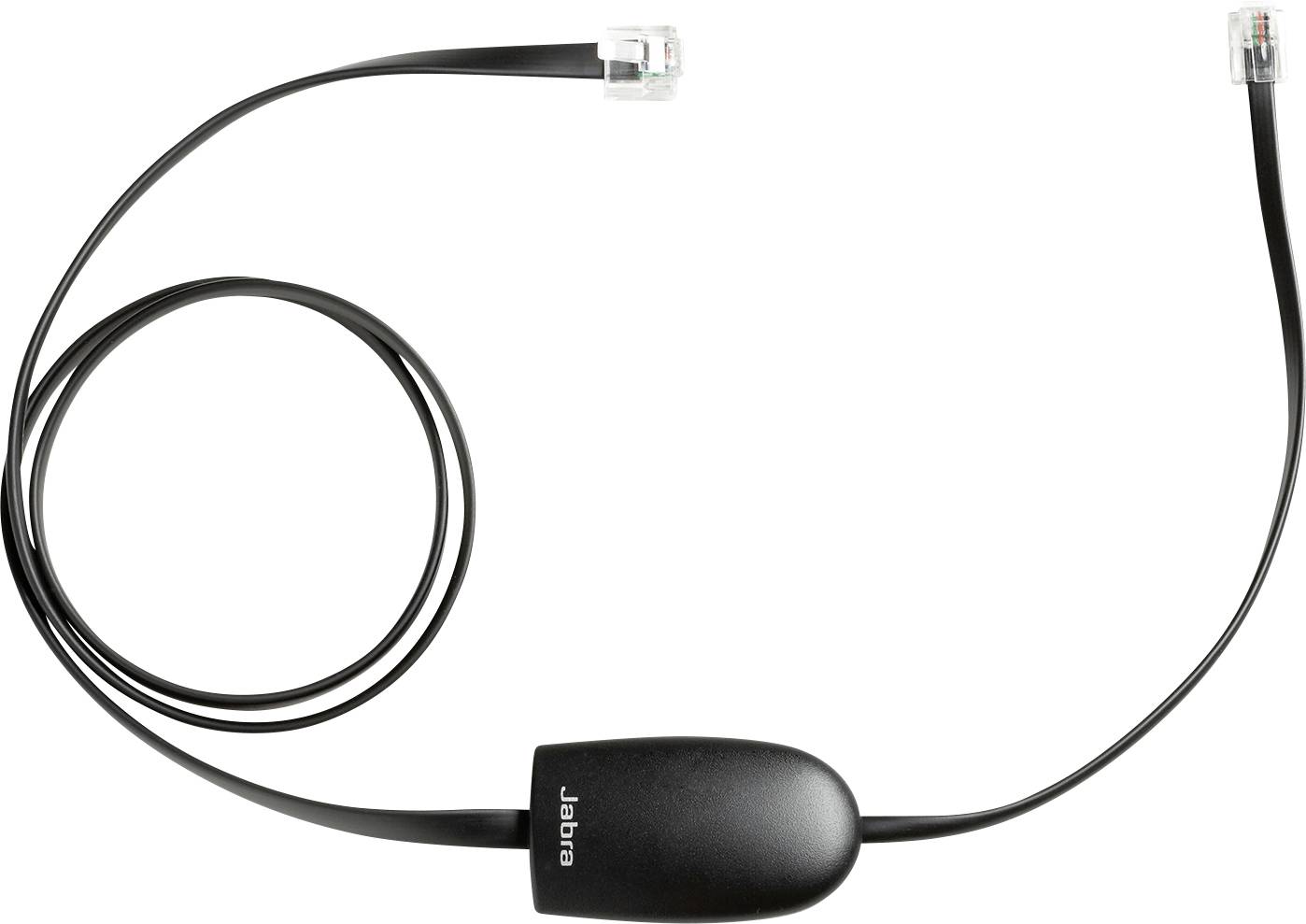 Ein schwarzes Jabra-Kopfhörerkabel mit Steckverbindern an beiden Enden, entworfen zum Verbinden von Telekommunikationsgeräten.