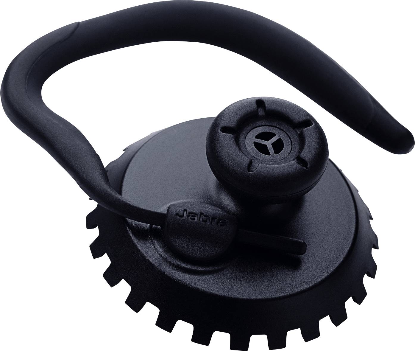 Ein schwarzer Jabra-Ohrbügel mit einer runden, zahnradähnlichen Basis und einem gebogenen, ergonomischen Ohrstöpsel, der für einen sicheren Sitz am Ohr ausgelegt ist.