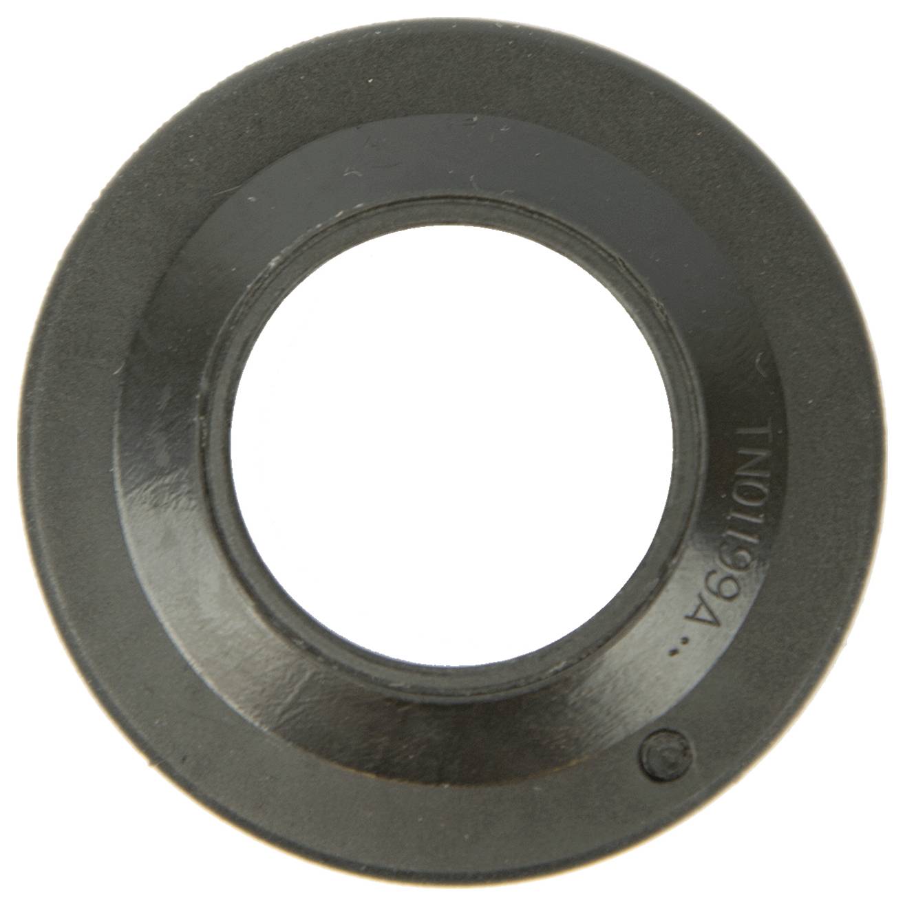 Schwarzer kreisförmiger Ring mit einem Mittelloch, dargestellt auf weißem Hintergrund, ähnlich einer Metallunterlegscheibe oder Dichtung.