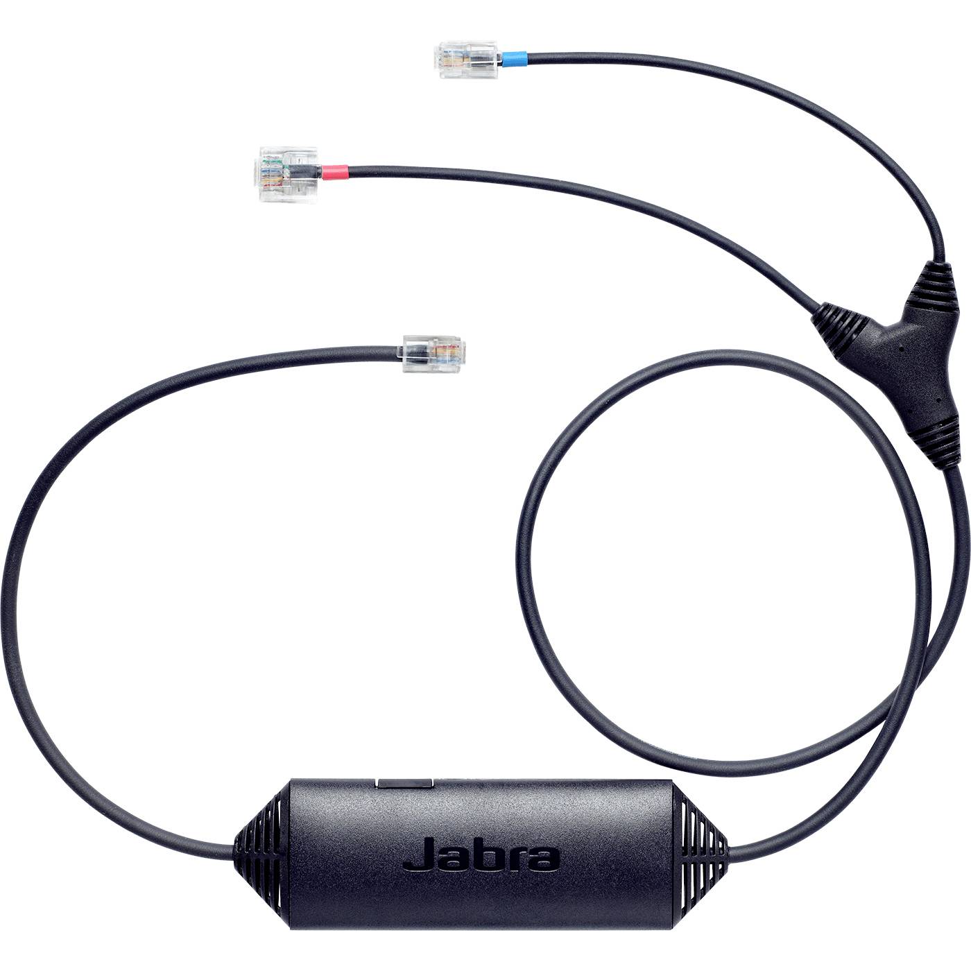 Jabra Y-Splitter-Adapterkabel mit drei RJ-Steckverbindungen, einschließlich blauer und roter Anschlüsse, und einem integrierten schwarzen Steuermodul.