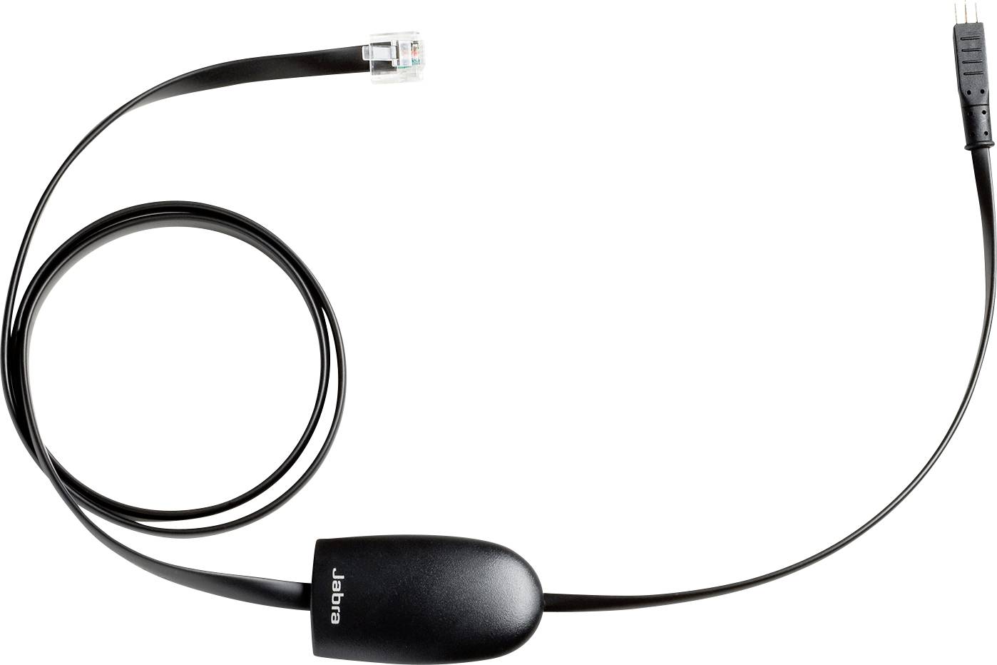 Ein schwarzes aufgerolltes Kabel mit einer Kopfhörerbasis und einem Modulstecker an einem Ende, gekennzeichnet mit „Jabra