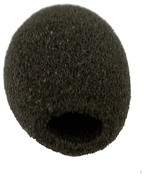 Ein schwarzer Schaumstoff-Windschutz für Mikrofone in ovaler Form, entwickelt zur Geräuschreduktion und zum Schutz des Mikrofons während der Aufnahme.