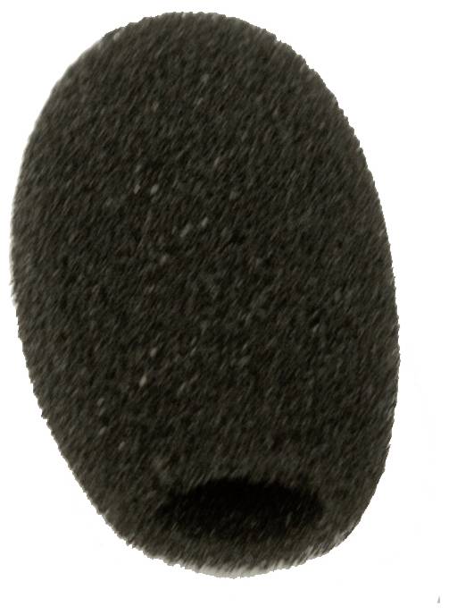 Ein schwarzer Schaumstoff-Mikrofonwindschutz mit ovaler Form, verwendet, um Geräusche und Windstörungen bei Audioaufnahmen zu reduzieren.