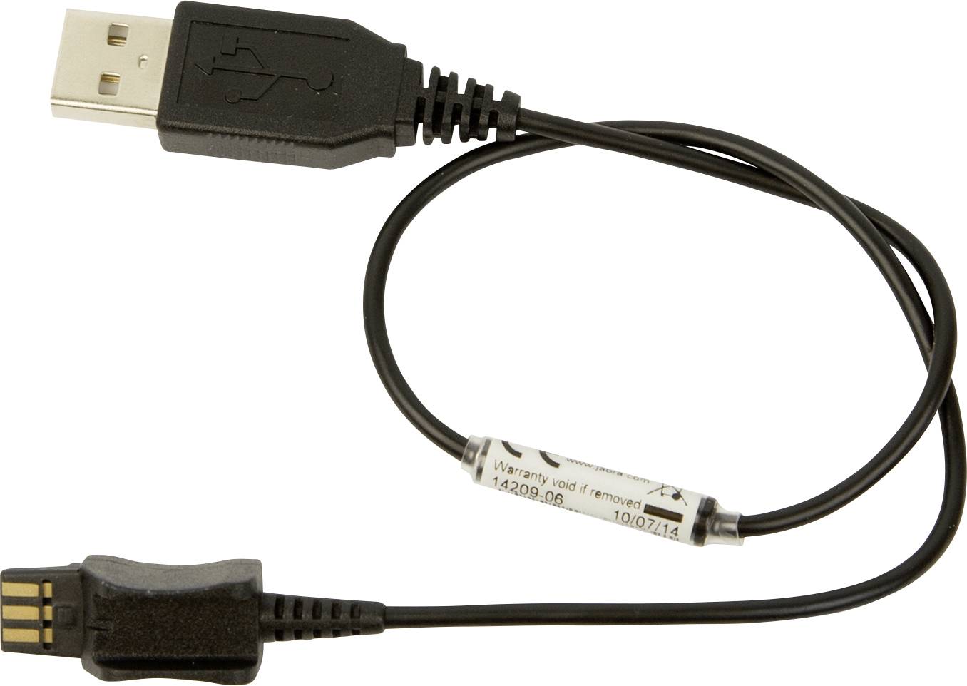 Ein schwarzes USB-Kabel mit einem Standard-USB-A-Anschluss an einem Ende und einem kleineren proprietären Anschluss am anderen Ende, das zum Aufladen oder zur Datenübertragung verwendet wird.