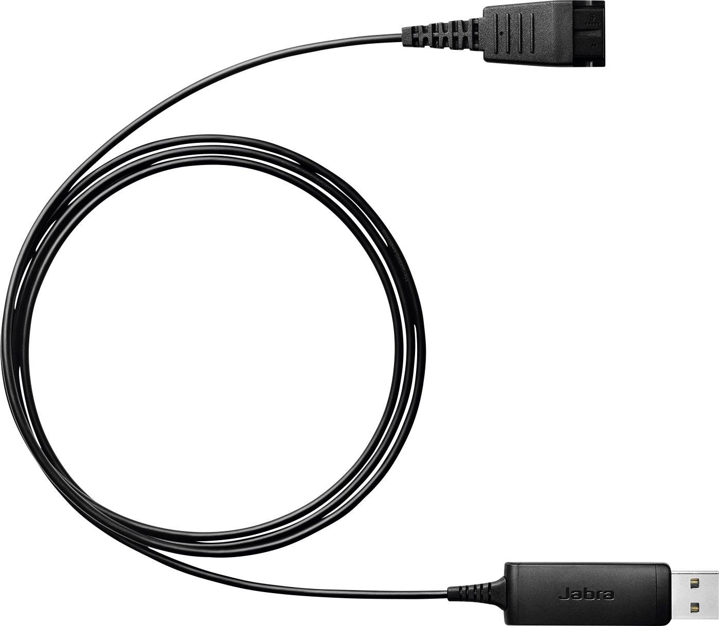 Ein schwarzes Jabra-USB-Kabel mit rechteckigen Anschlüssen an jedem Ende ist zu einem Kreis aufgewickelt.