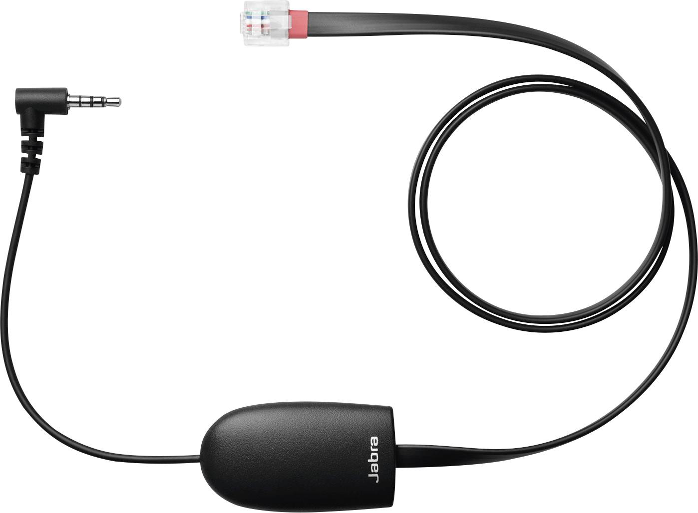 Ein schwarzes Jabra-Adapterkabel mit einer 3,5-mm-Audiobuchse an einem Ende und einem Ethernet-ähnlichen Stecker am anderen Ende.