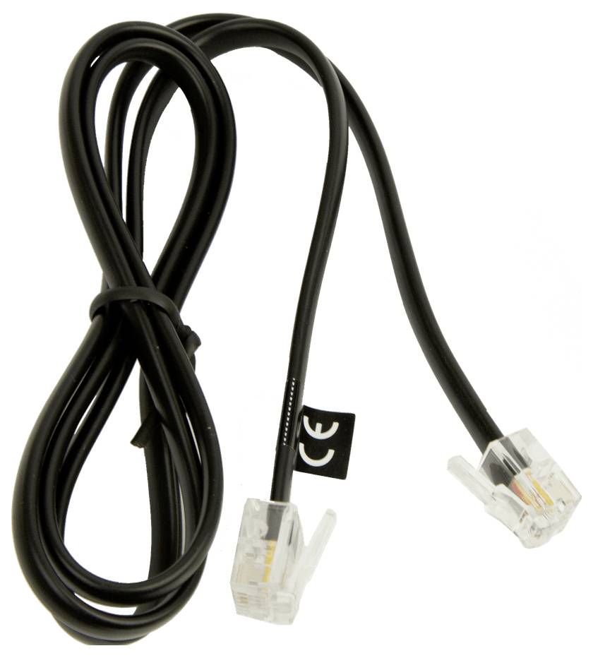 Ein schwarzes Ethernet-Kabel mit durchsichtigen Steckern an beiden Enden, das für Netzwerkverbindungen verwendet wird, shown aufgerollt mit einem CE-Kennzeichen.