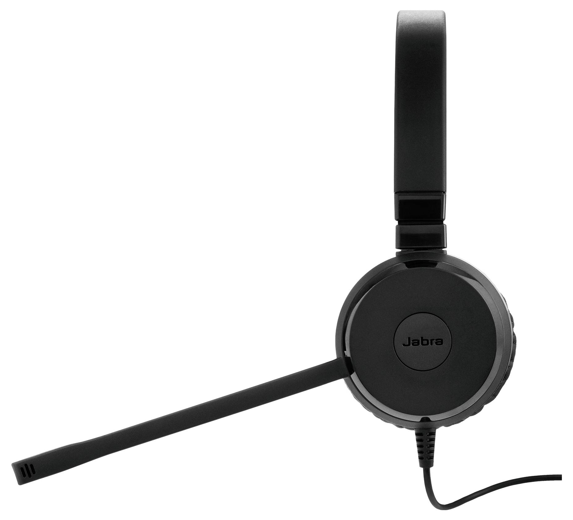Ein schwarzes Over-Ear-Headset mit einem Mikrofonausleger und einer kabelgebundenen Verbindung, das das Logo „Jabra