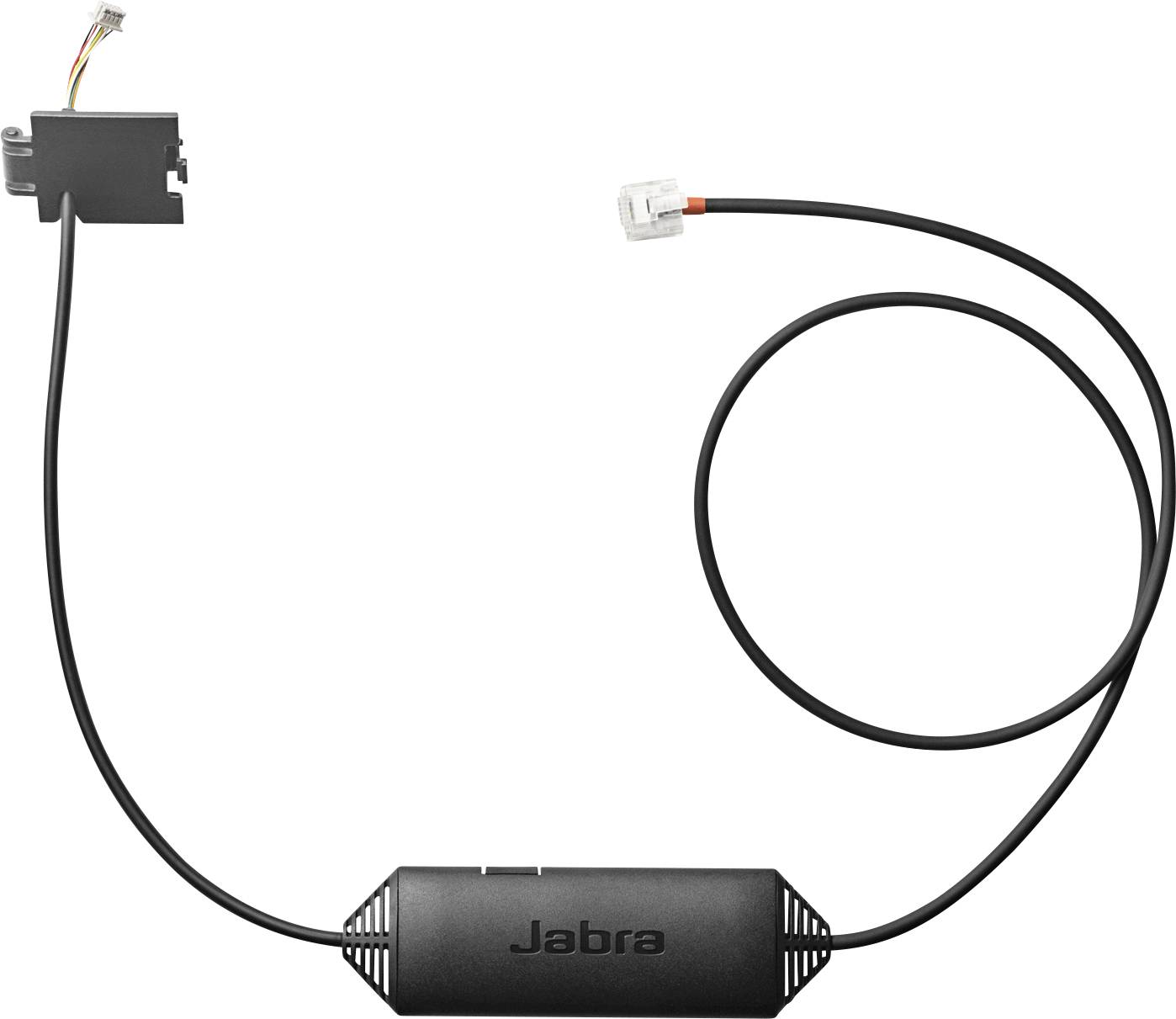 Ein schwarzes Jabra-Telefonaccessoire mit Stecker und Kabel, das zum Verbinden eines Telefons mit einem externen Gerät oder System verwendet wird.