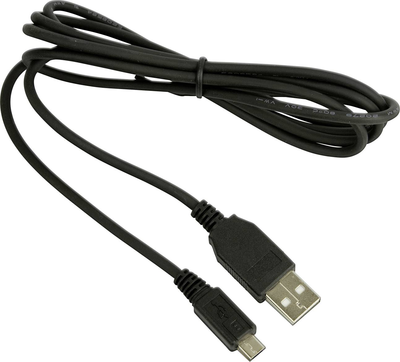 Ein schwarzes USB-Kabel mit einem Standard-USB-Typ-A-Anschluss an einem Ende und einem Micro-USB-Anschluss am anderen Ende.