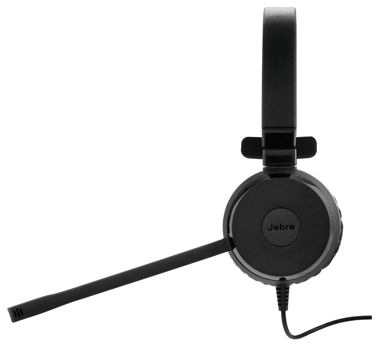 Ein schwarzes Jabra-Headset mit einem angebrachten Mikrofon auf der linken Seite, entwickelt für professionelle oder persönliche Audioverwendung.