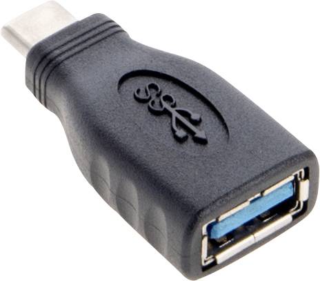 Ein schwarzer USB-Adapter mit einem USB-C-Stecker auf der einen Seite und einem USB-A-Buchse auf der anderen Seite, der zum Verbinden von Geräten verwendet wird.
