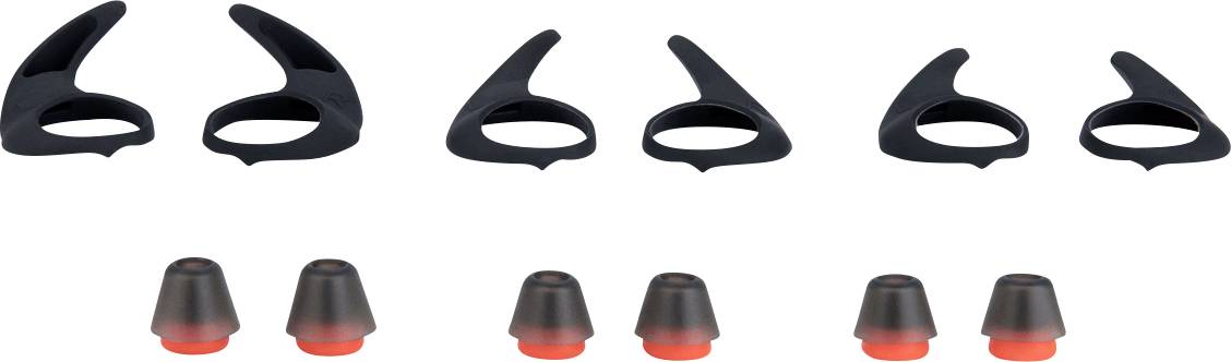 Vier Paar schwarze Ohrbügel und vier Paar rote Ohrhörer-Aufsätze in zwei Reihen auf weißem Hintergrund angeordnet.