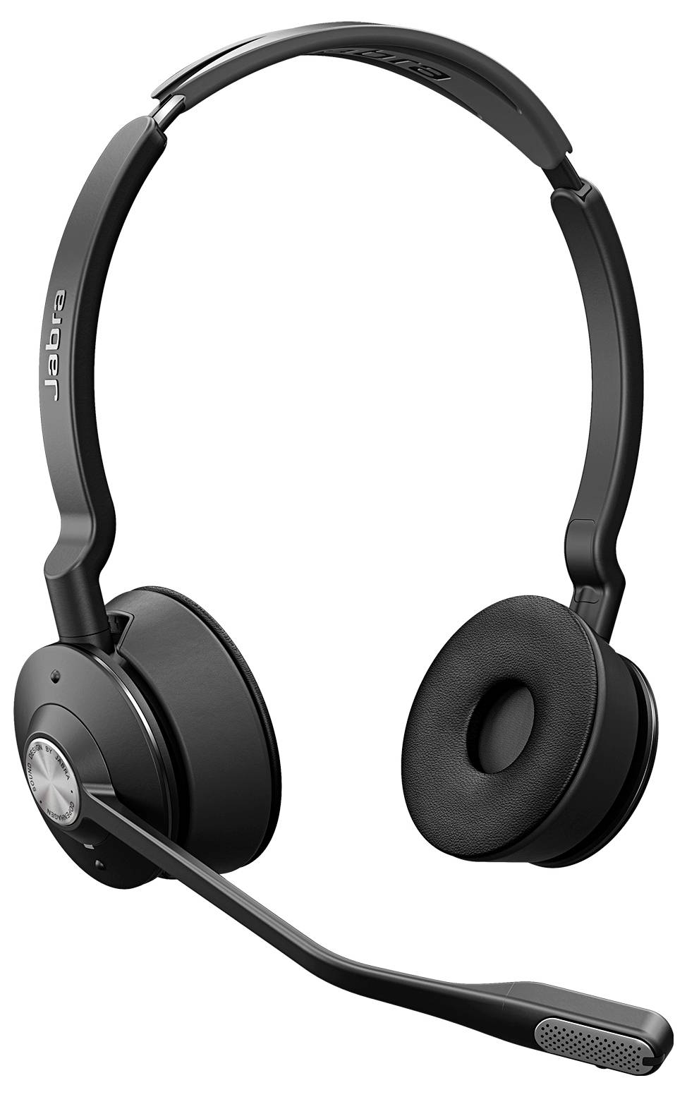 Ein schwarzes kabelloses Headset mit gepolsterten Ohrpolstern und einem integrierten Mikrofonarm, der nach außen ausgestreckt ist.