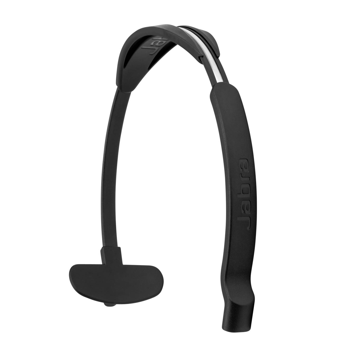 Schwarzes Jabra-Kopfhörer-Headset mit Bügelmikrofon, gepolstertem Ohrbügel und flexiblem Mikrofonarm auf weißem Hintergrund