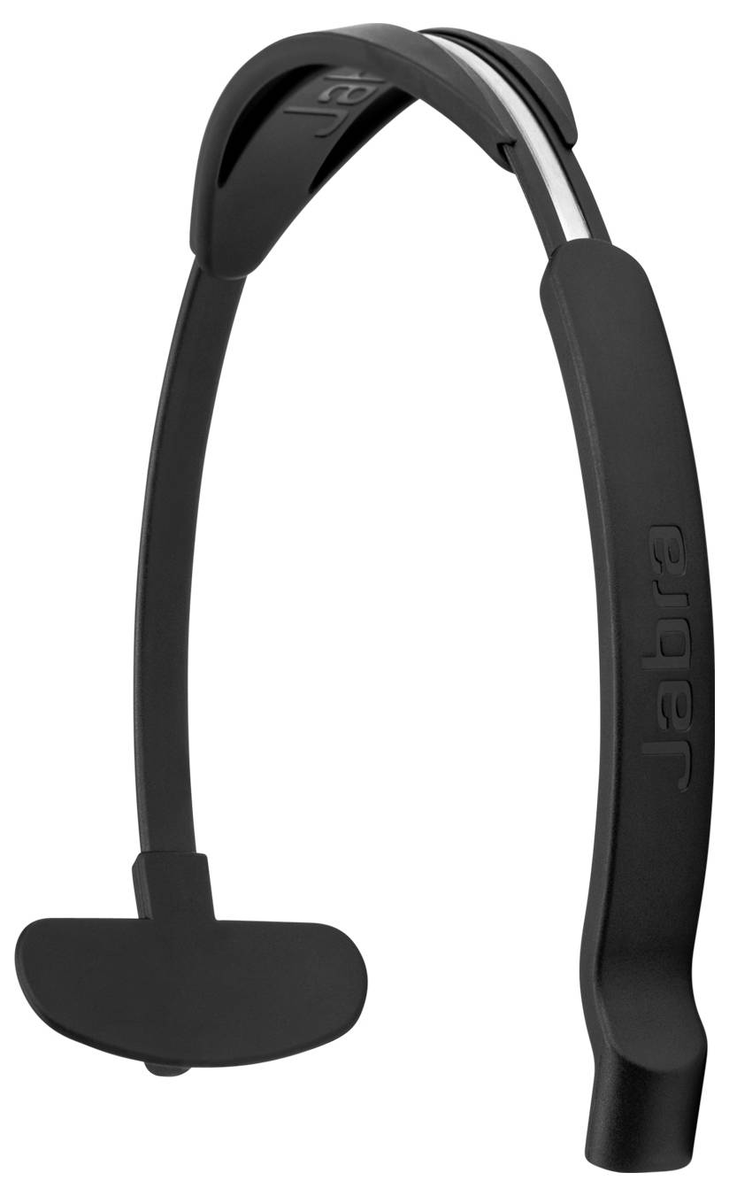 Schwarzes Jabra-Nackenbügel-Wearable mit gebogenen Armen und gepolstertem Ohrstöpsel, auf weißem Hintergrund gezeigt.