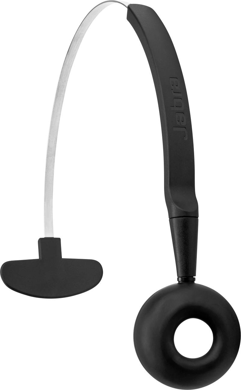 Ein schwarzer Over-Ear-Bügel, entworfen für ein Freisprech-Headset, mit einer kreisförmigen Befestigung und dem Markennamen 