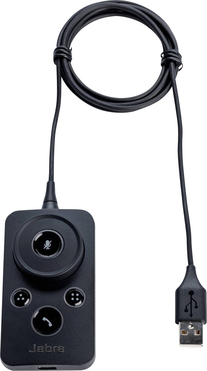 Ein schwarzer Jabra USB-Controller mit Spiralkabel, mit mehreren Tasten einschließlich einer prominenten Stummschalt-Taste, entwickelt für Audiogeräte.
