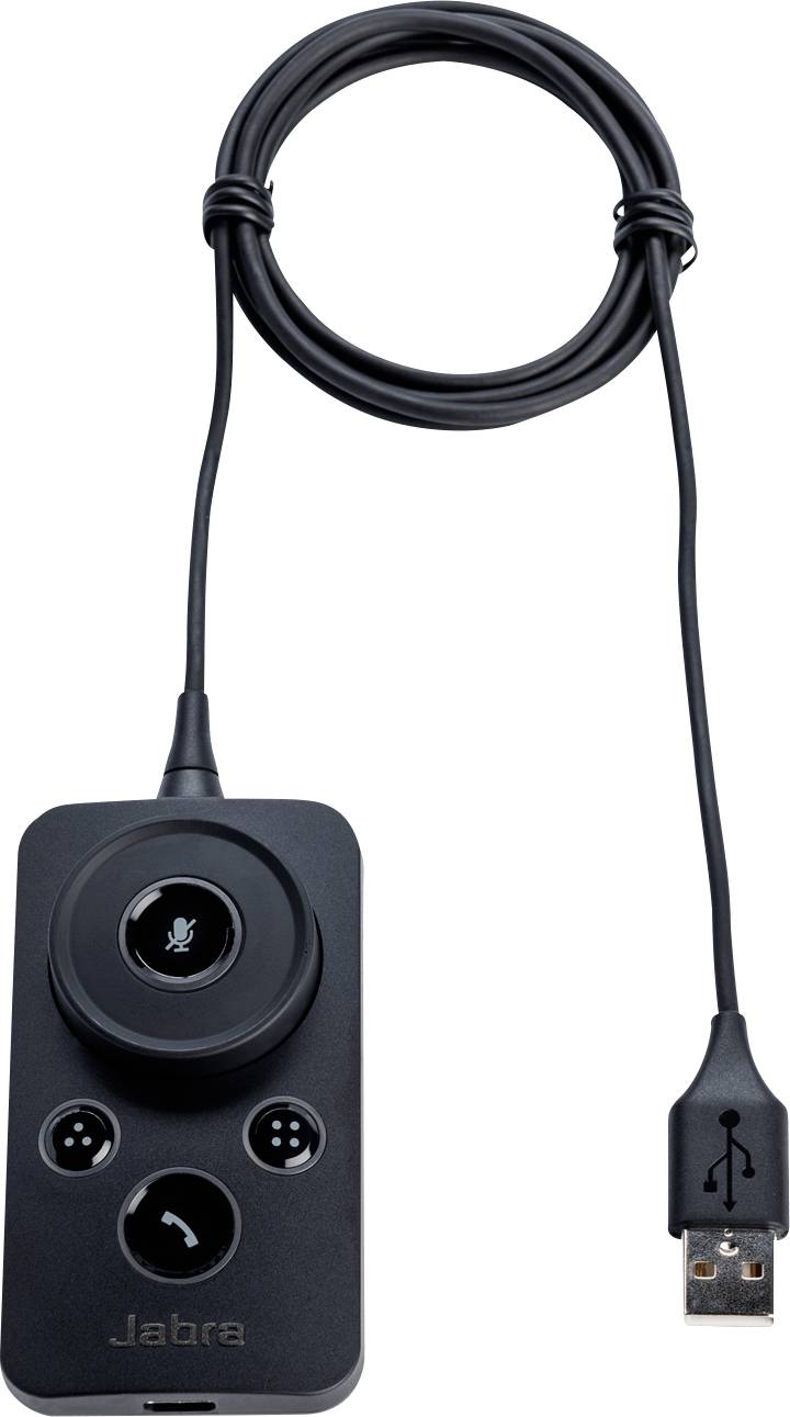 Ein rechteckiges USB-Anrufsteuerungsgerät mit Tasten für Stummschaltung, Anruf und Lautstärke. Ein spiralförmiges Kabel erstreckt sich vom Gerät zu einem USB-Stecker.