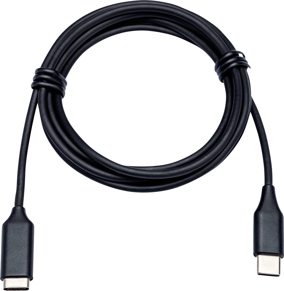 Ein schwarzes USB-C-zu-USB-C-Kabel, ordentlich aufgerollt, geeignet für Datenübertragung und zum Laden von Geräten.