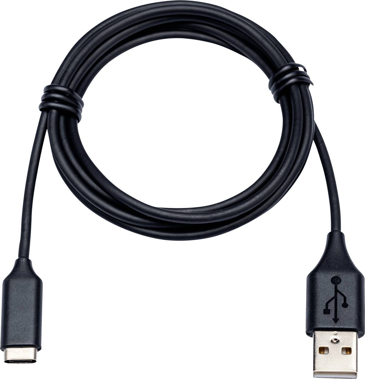 Ein schwarzes USB-C-zu-USB-A-Kabel, das in einem Kreis aufgerollt ist und beide Stecker vor einem weißen Hintergrund zeigt.