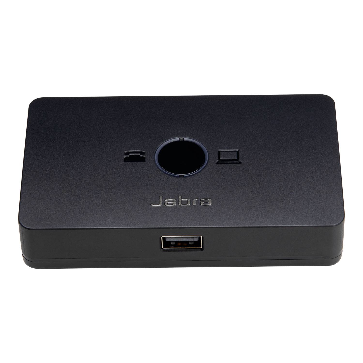 Jabra schwarze Konferenz-Freisprechanlage mit zentralem Knopf und USB-Anschluss, gezeigt auf weißem Hintergrund.