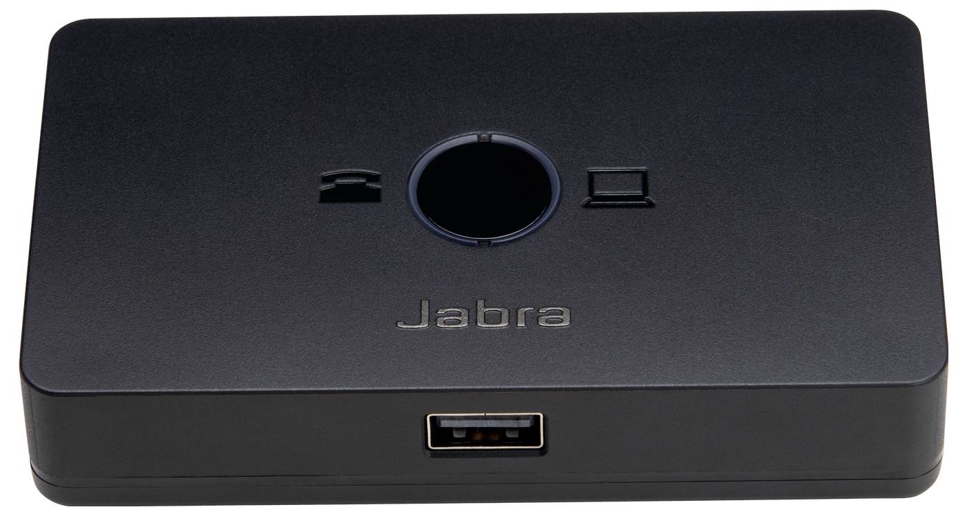 Schwarzes Jabra-Freisprechgerät mit einer zentralen runden Taste, kleinen Steuersymbolen oben und einem USB-Anschluss an der Vorderseite.