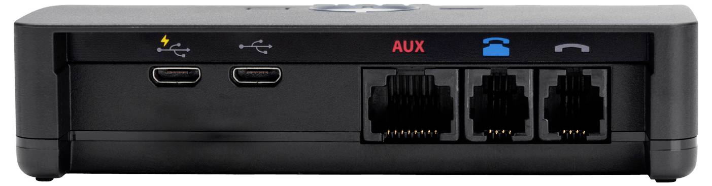 Vorderansicht eines schwarzen Geräts mit zwei USB-C-Anschlüssen, einer AUX-Beschriftung und zwei RJ45-ähnlichen Netzwerkanschlüssen sowie Telefon- und Wireless-Symbolen oben.