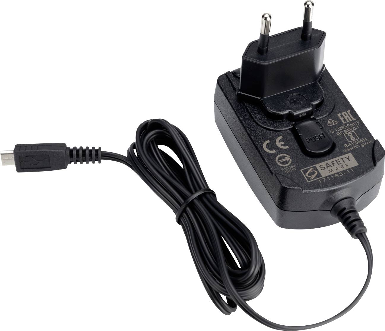Schwarzes Telefonladegerät mit europäischem Stecker und Spiralkabel, auf dem Adapter sind Sicherheitszertifizierungslogos zu sehen.