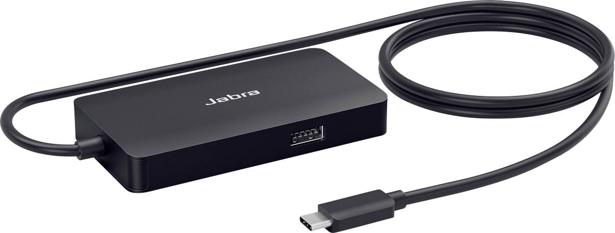 Ein schwarzer Jabra USB-C-Hub mit angefügtem Kabel, entwickelt zum Verbinden mehrerer Geräte über einen einzelnen USB-C-Anschluss.