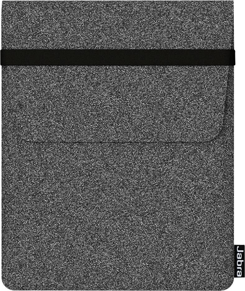 Eine grau strukturierte Tablet-Schutzhülle mit einem schwarzen Gummiband oben. Das Etikett in der Ecke trägt die Aufschrift „Jabra