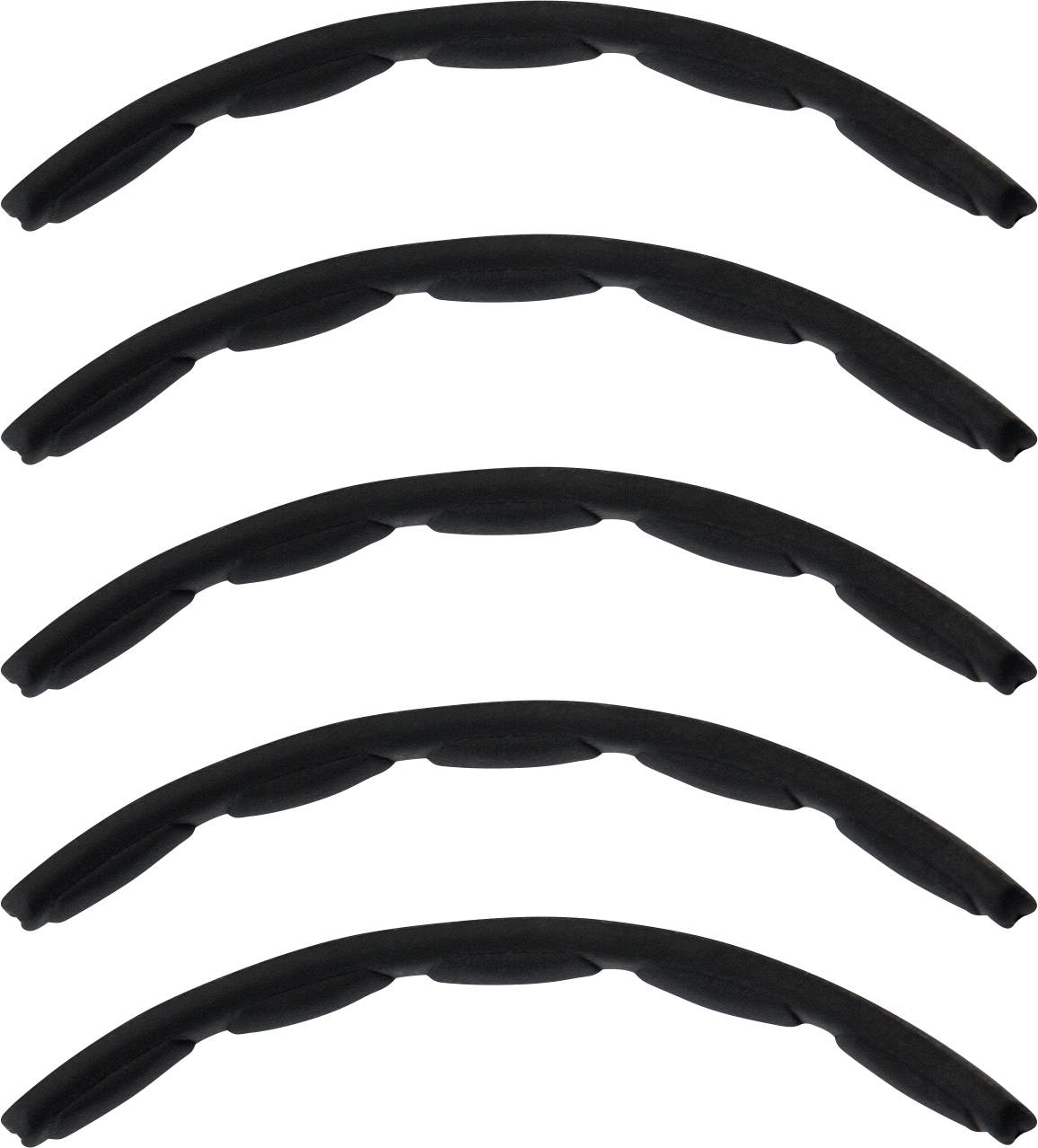 Fünf schwarze, gebogene Streifen, die parallel angeordnet sind und bogenähnliche Formen ähneln, die gleichmäßig auf weißem Hintergrund verteilt sind.