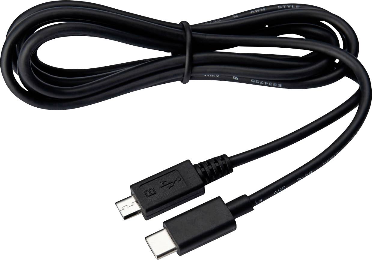 Ein schwarzes USB-Kabel mit einem USB-A-Stecker auf der einen Seite und einem USB-C-Stecker auf der anderen Seite ist aufgewickelt.