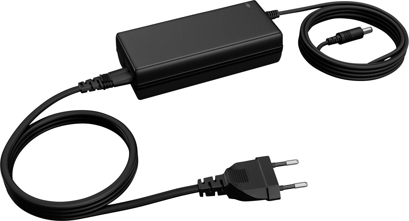 Ein schwarzer rechteckiger Stromadapter mit angebrachten Kabeln, ausgestattet mit einem europäischen Stecker und einem Anschluss für einen Laptop oder ein elektronisches Gerät.