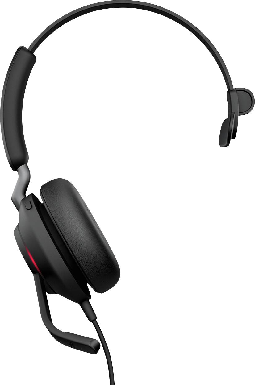 Ein schwarzes, einseitiges Headset mit Mikrofonausleger wird auf weißem Hintergrund gezeigt und hebt sein elegantes Design und verstellbare Funktionen hervor.