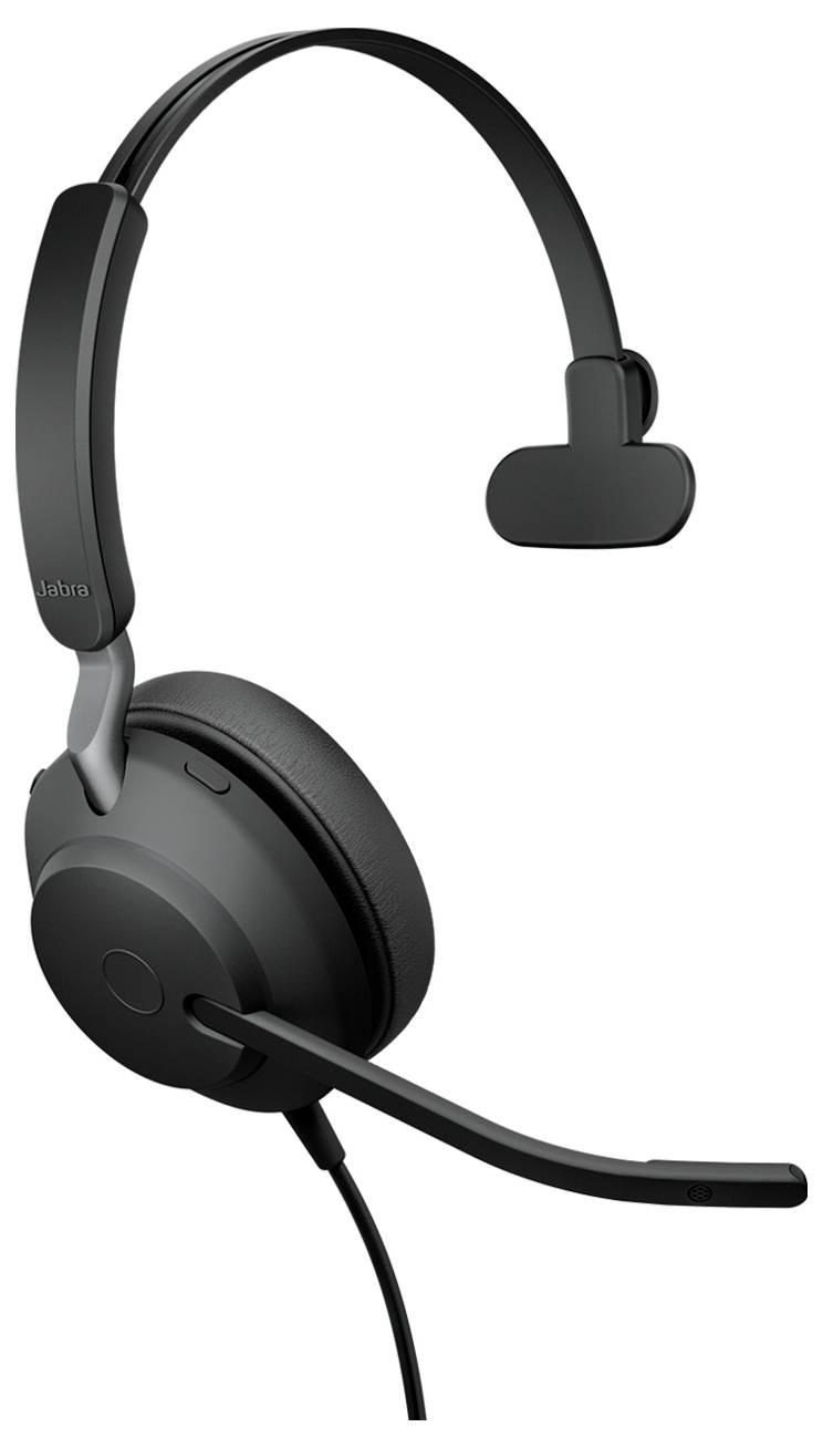 Ein schwarzes Einkopfhörer-Headset mit verstellbarem Kopfbügel und ein Mikrofon, das sich vom Ohrmuschel erstreckt, konzipiert für klare Kommunikation.