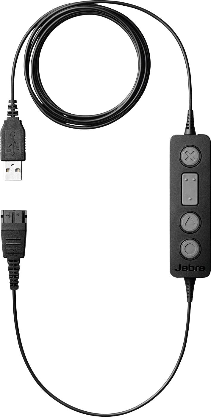 Ein Jabra USB-Kopfhöreradapter mit integrierten Steuerelementen einschließlich Lautstärke-, Stumm- und Anrufannahmetasten, verbunden durch ein schwarzes Kabel.