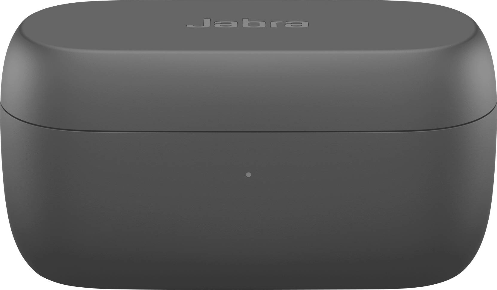 Ein geschlossenes Jabra-Ohrhörer-Etui, mattschwarz, mit minimalistischem Design und einer kleinen Kontrollleuchte an der Vorderseite.